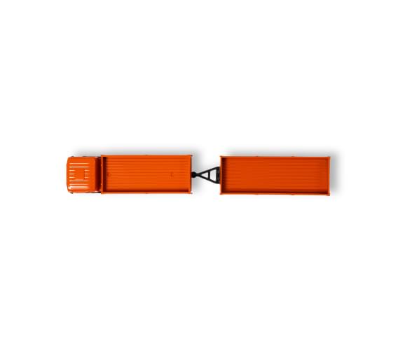 Véhicule 1:87 M-B 1620 plateau avec remorque orange 1/87