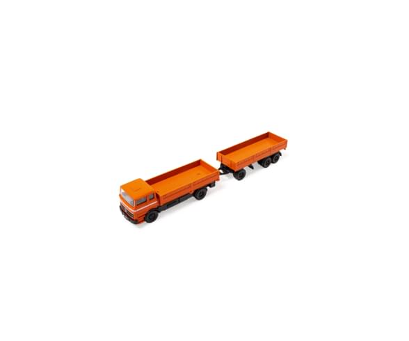 Véhicule 1:87 M-B 1620 plateau avec remorque orange 1/87