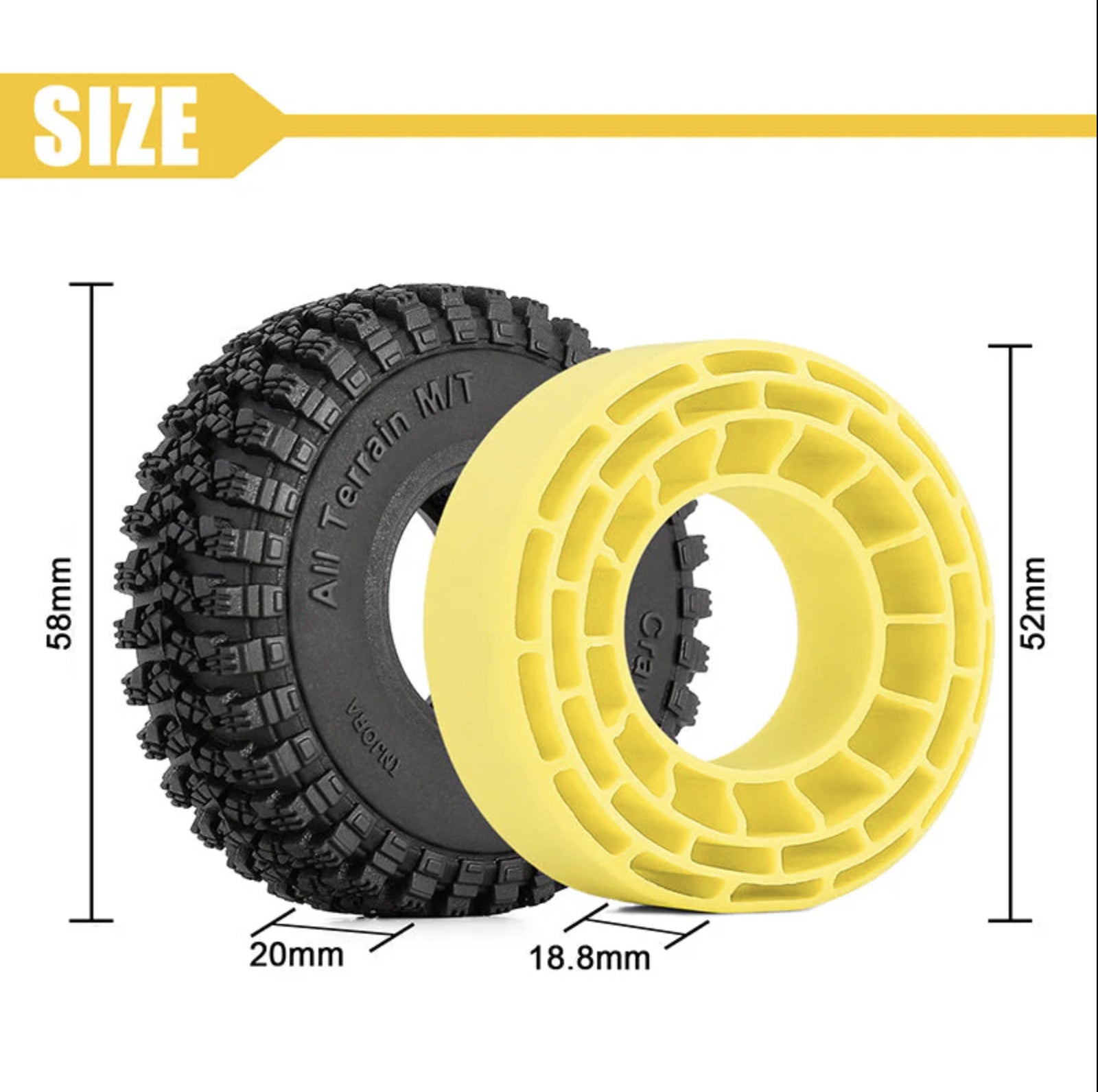 4 Pneus + inserts en caoutchouc silicone INJORA 1,0 58*20 mm Combo (4) - YQT-1008-1056YE"