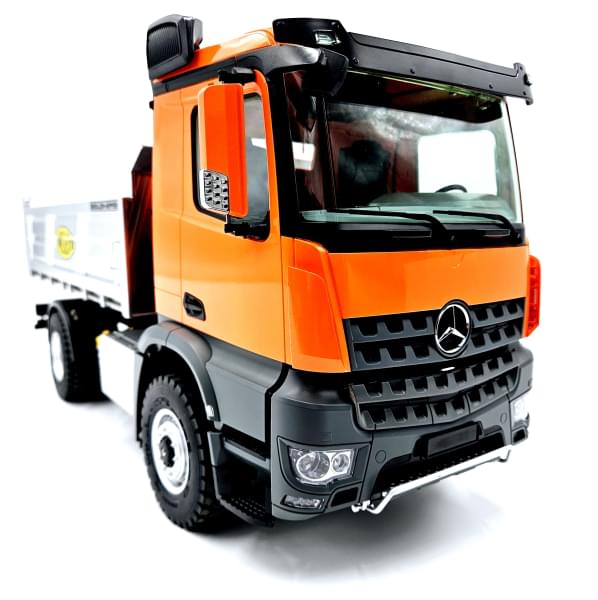 Camion à benne en métal 4x4 Mercedes-Benz Arocs électrique 1:14 orange - Breizh Modélisme.