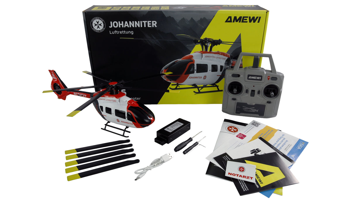 Hélicoptère RC Brushless Johanniter H145 Amewi – 6 Canaux 6G RTF, Rotor 5 Pales