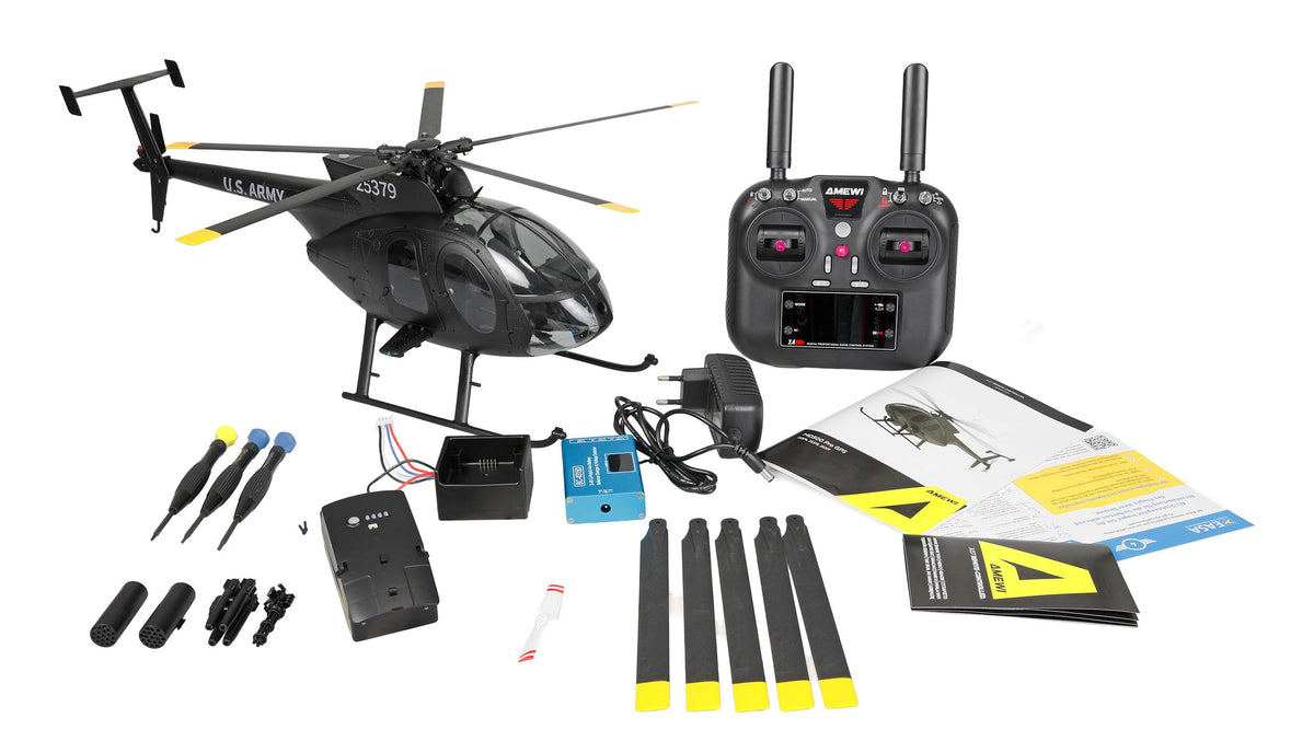 Hélicoptère RC GPS MD500 Pro Amewi – Édition Noire, 9 Canaux 3D/6G RTF, LiDAR-TOF, Mallette