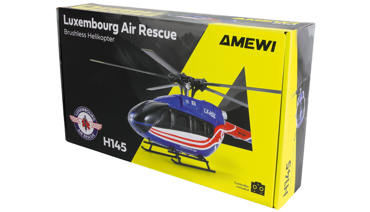 Hélicoptère RC Brushless Luxembourg Air Rescue H145 Amewi – 6 Canaux 6G RTF, Rotor 5 Pales - Breizh Modélisme.