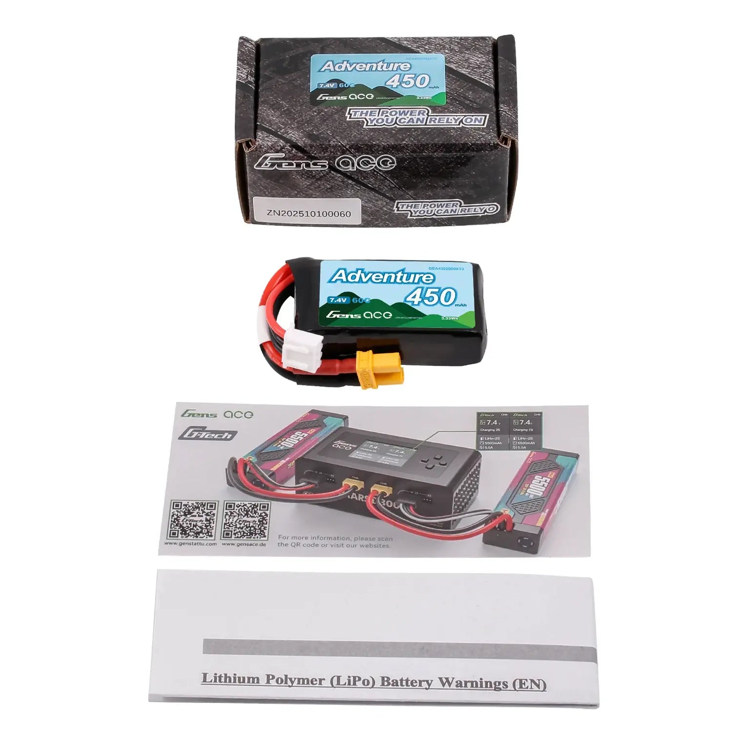 Batterie LiPo 2S1P 7,4V 450mAh 60C XT30 Gens Ace Adventure - Breizh Modélisme.