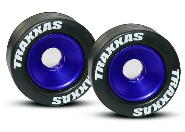 2 Roues alu anodisées bleu pour wheelie bar - Traxxas 5186A - Breizh Modélisme.