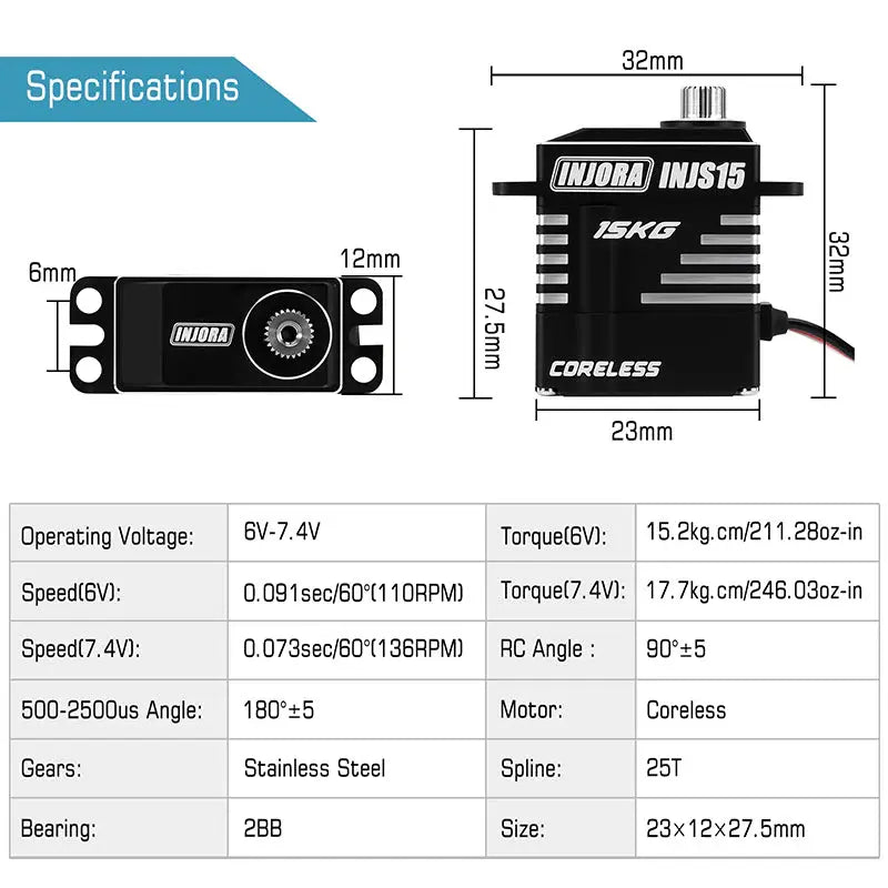 Micro servo sans noyau à couple élevé 15kg pour crawler 1/18 et 1/24 - INJS15