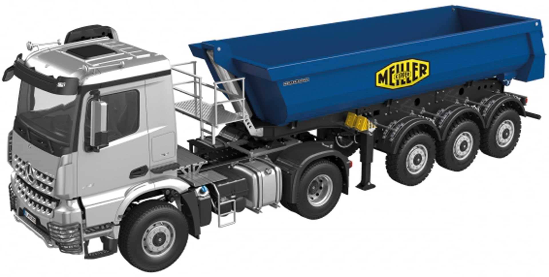 FM Electrics Camion Mercedes-Benz Arocs 4X4 1/14 (gris) avec semi-remorque Meiller (bleu)