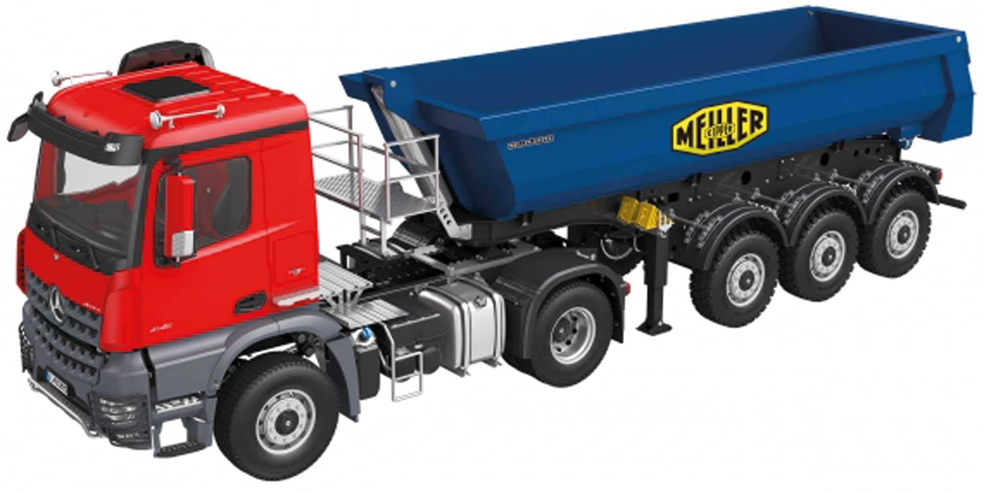 FM Electrics Camion Mercedes-Benz Arocs 4X4 1/14 (rouge) avec semi-remorque Meiller (bleu)