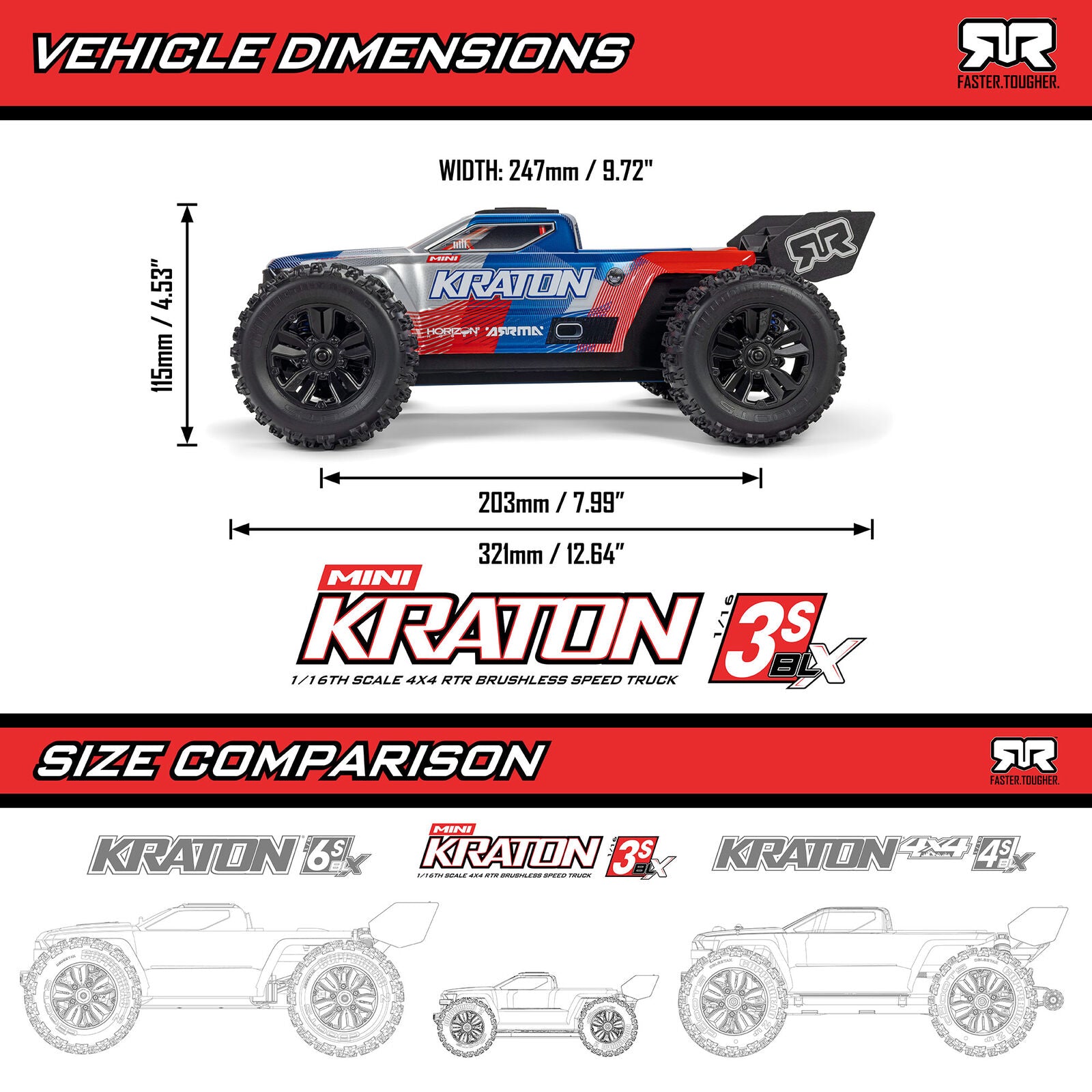 Arrma Mini Kraton 3S BLX 1/16 4x4 Brushless RTR (batterie/chargeur) ARA2508ST2