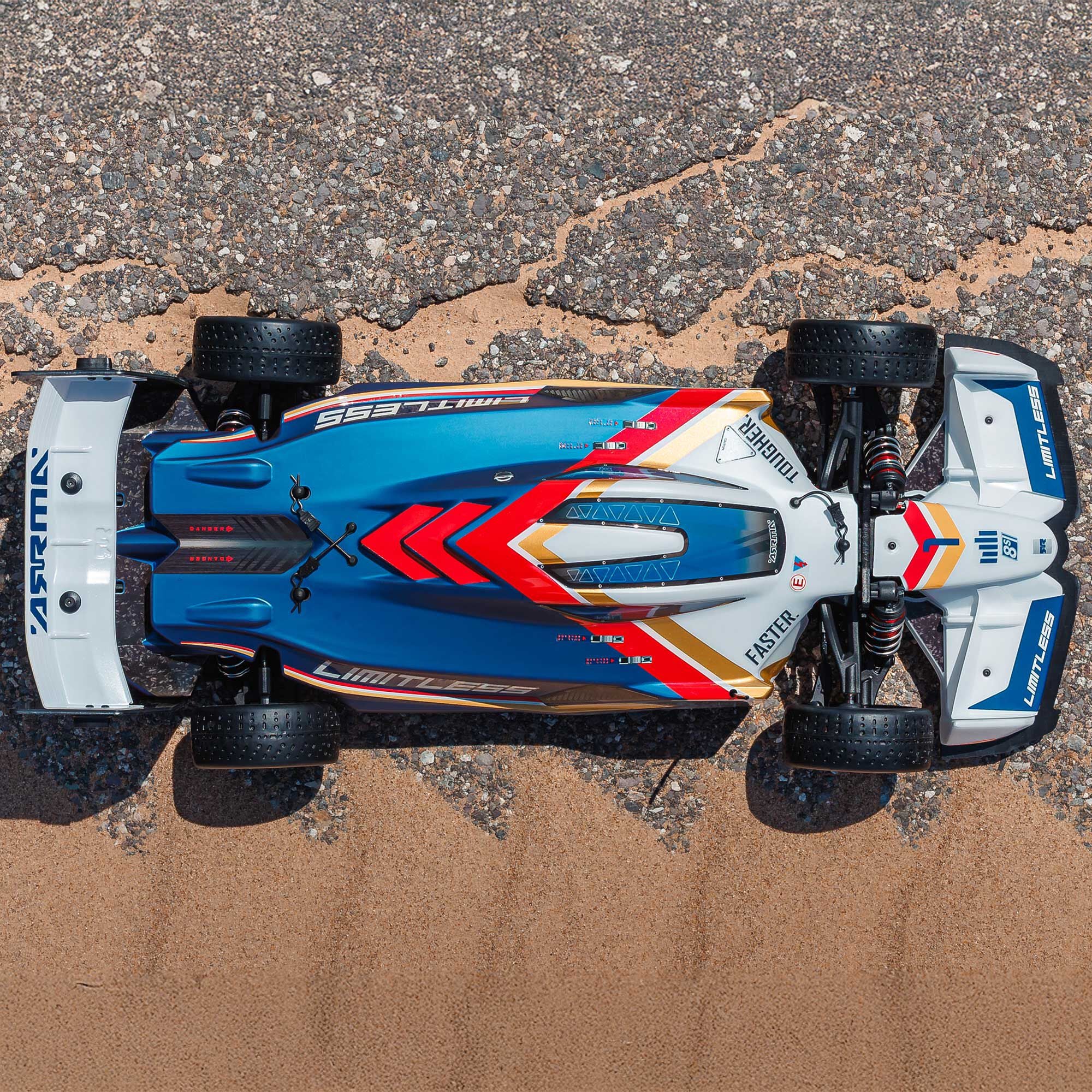 Formule 1 Limitless ARRMA 1/7 8S AVC 4X4 RTR Brushless Blanc/Bleu - ARA7816T2