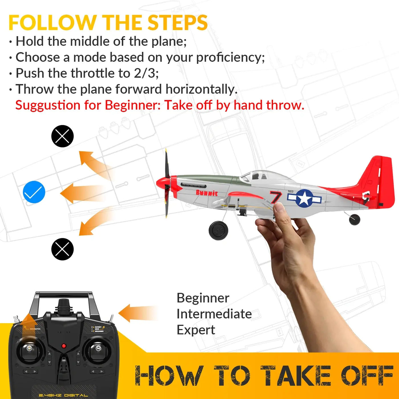 Avion RC débutant V761-5V2 rouge Volantex MUSTANG V2 4CH avec stabilisateur de vol