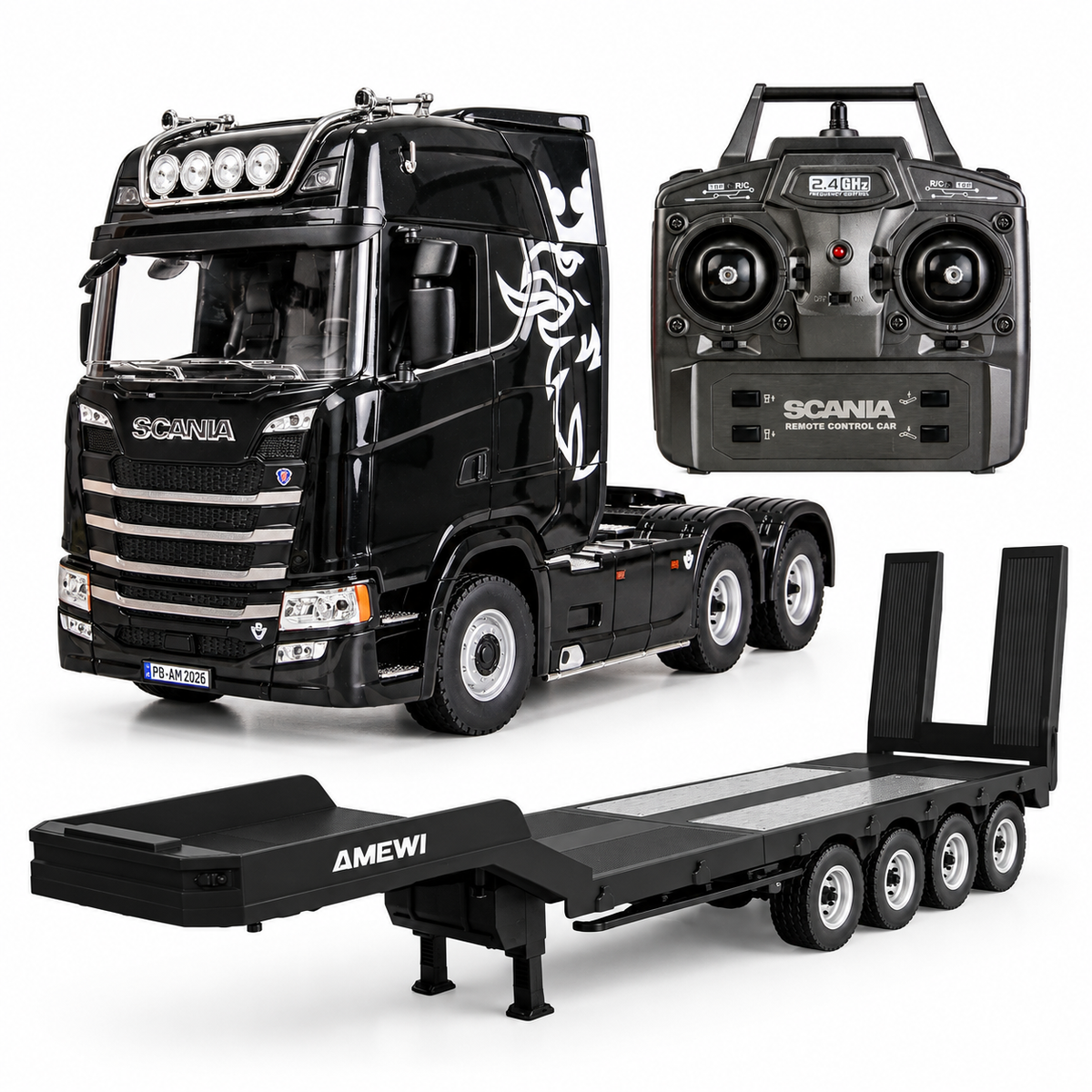 Amewi Scania 770S noir 1/18 avec remorque porte-engins RC