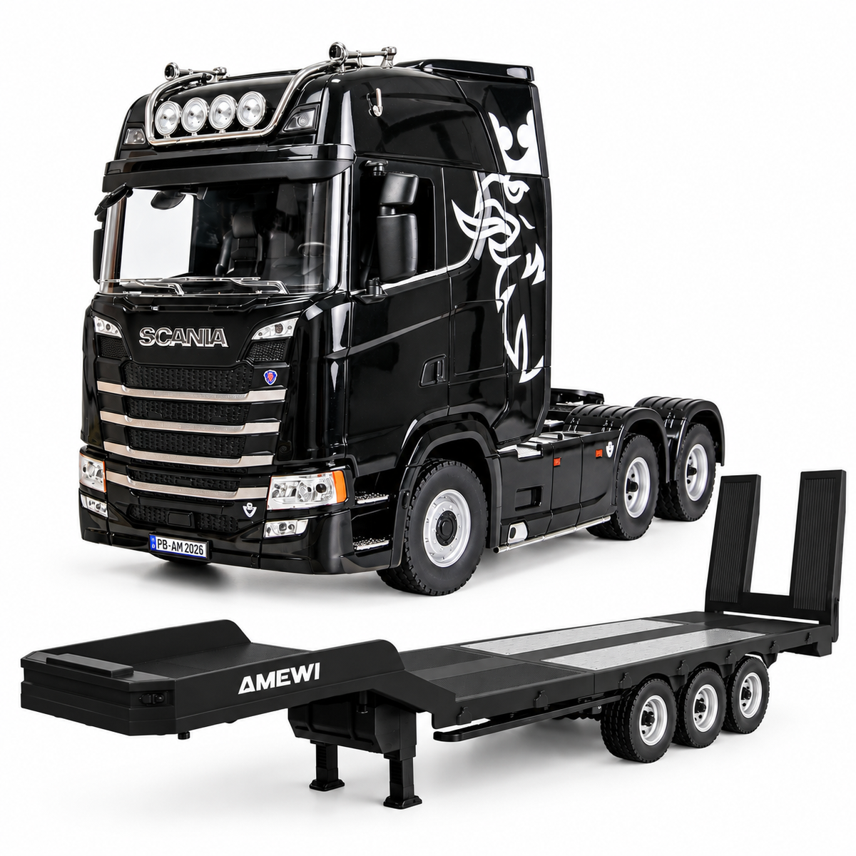 Amewi Scania 770S noir 1/18 avec remorque porte-engins RC