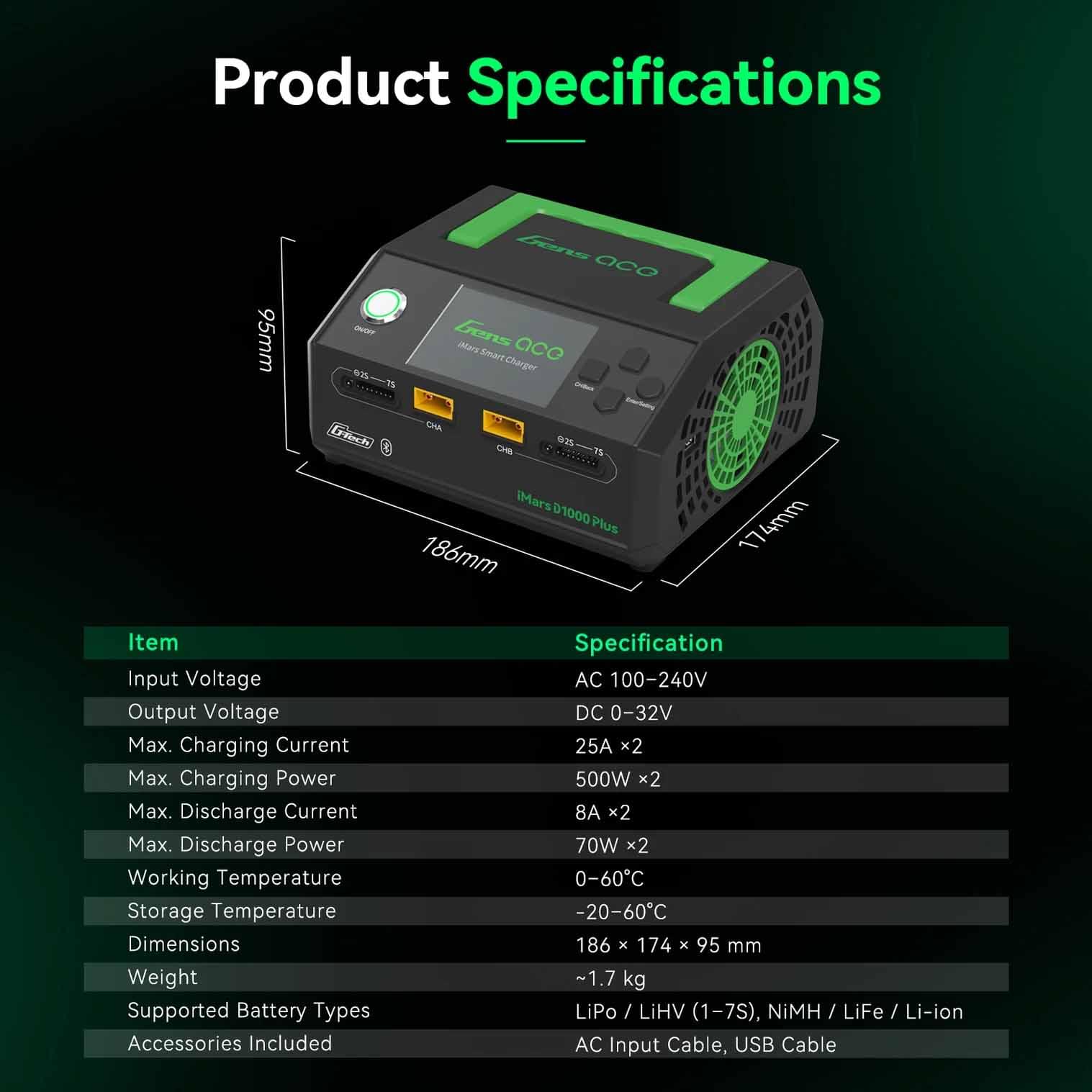 Chargeur duo intelligent Gens ace iMars D1000 CA 1000 W G-Tech - GEAD1000-EB