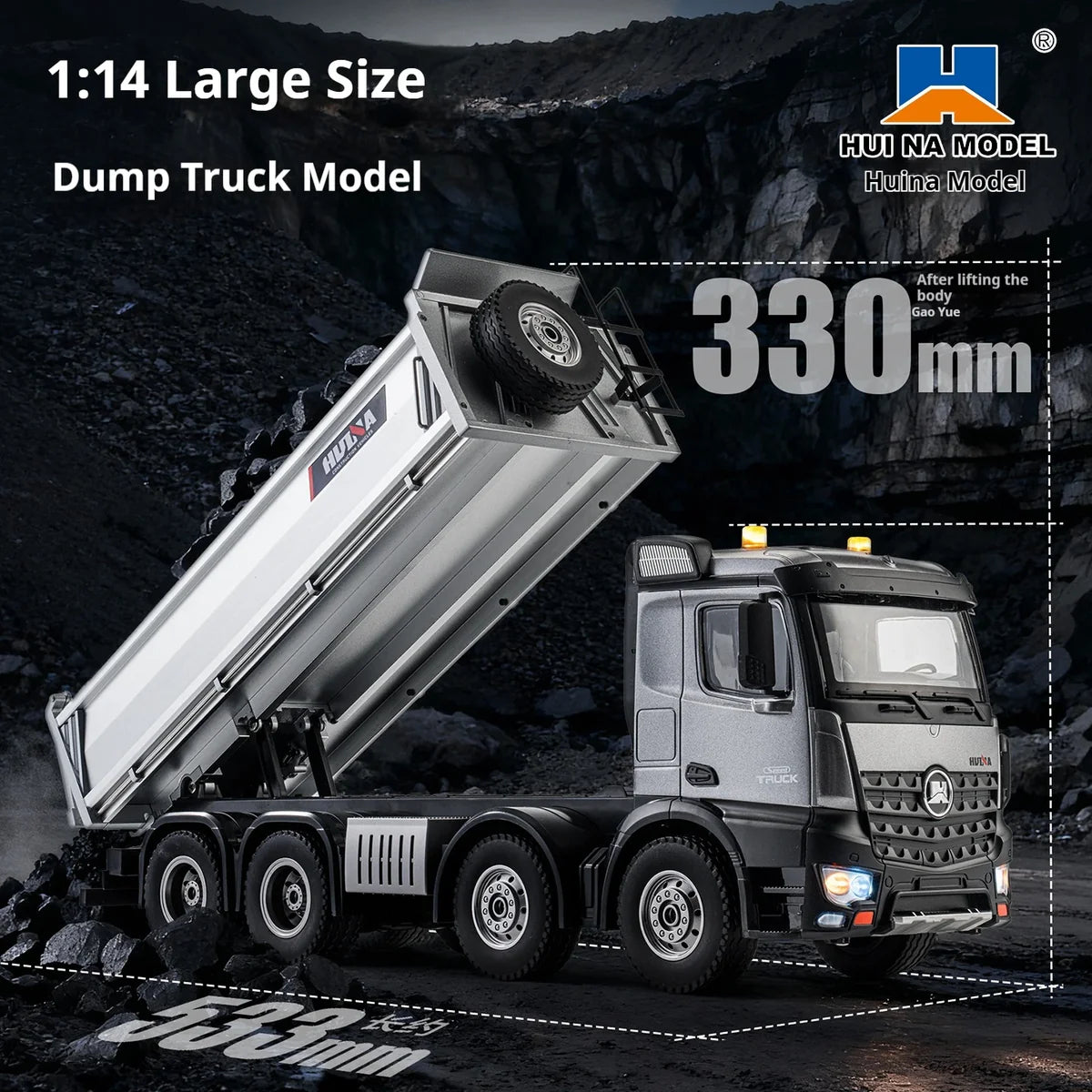 Camion benne télécommandé 1/14 HUINA Pro 13 canaux, 8 roues, avec godet en métal