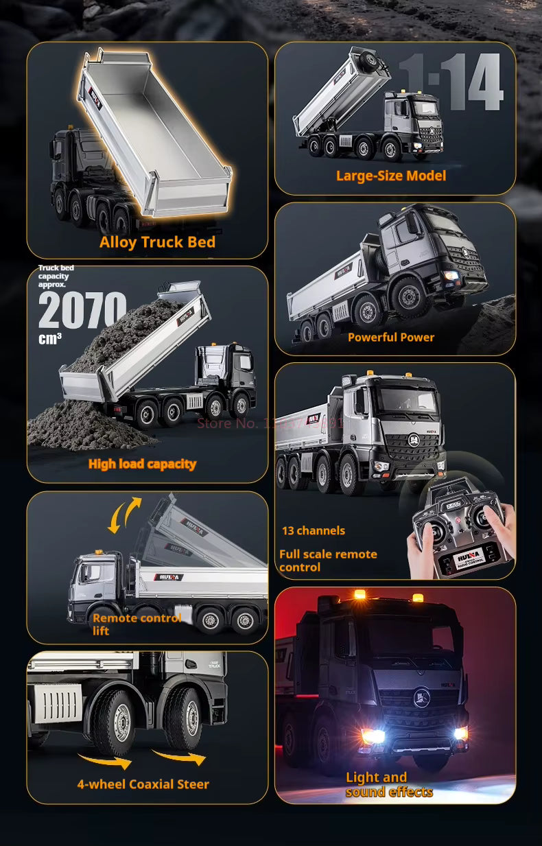 Camion benne télécommandé 1/14 HUINA Pro 13 canaux, 8 roues, avec godet en métal