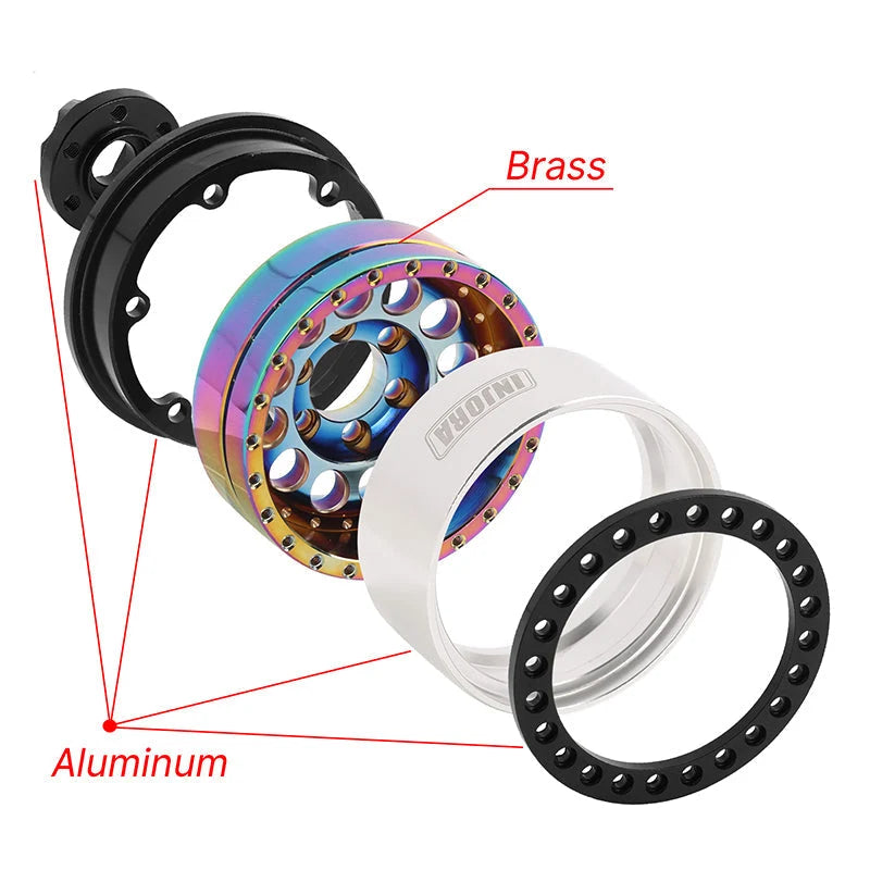 4 jantes INJORA 1,9" arc en ciel en laiton avec déport de -10 mm pour crawlers RC 1/10 (W1957)
