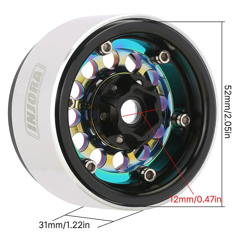 4 jantes INJORA 1,9" arc en ciel en laiton avec déport de -10 mm pour crawlers RC 1/10 (W1957)