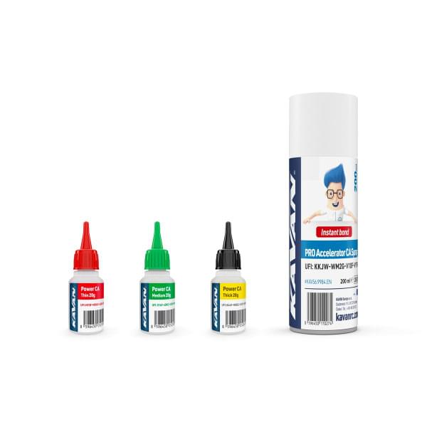 Coffret de trois colles instantanées de 20 g et spray PRO Activateur de 200 ml.