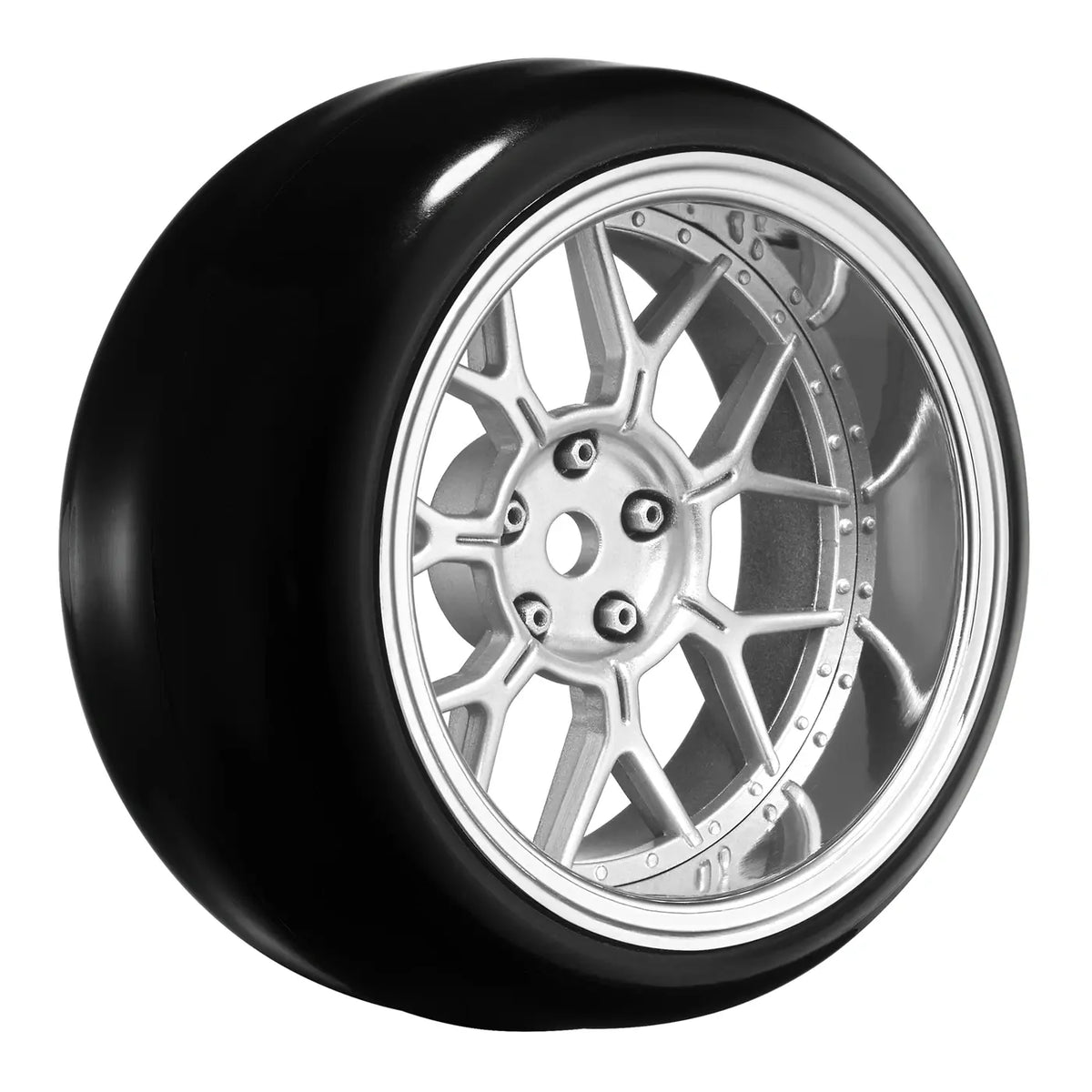4 roues de Drift / 14 rayons argent mat (déport 2, 4, 6, 8 mm) hexa 12 mm - Breizh Modélisme.