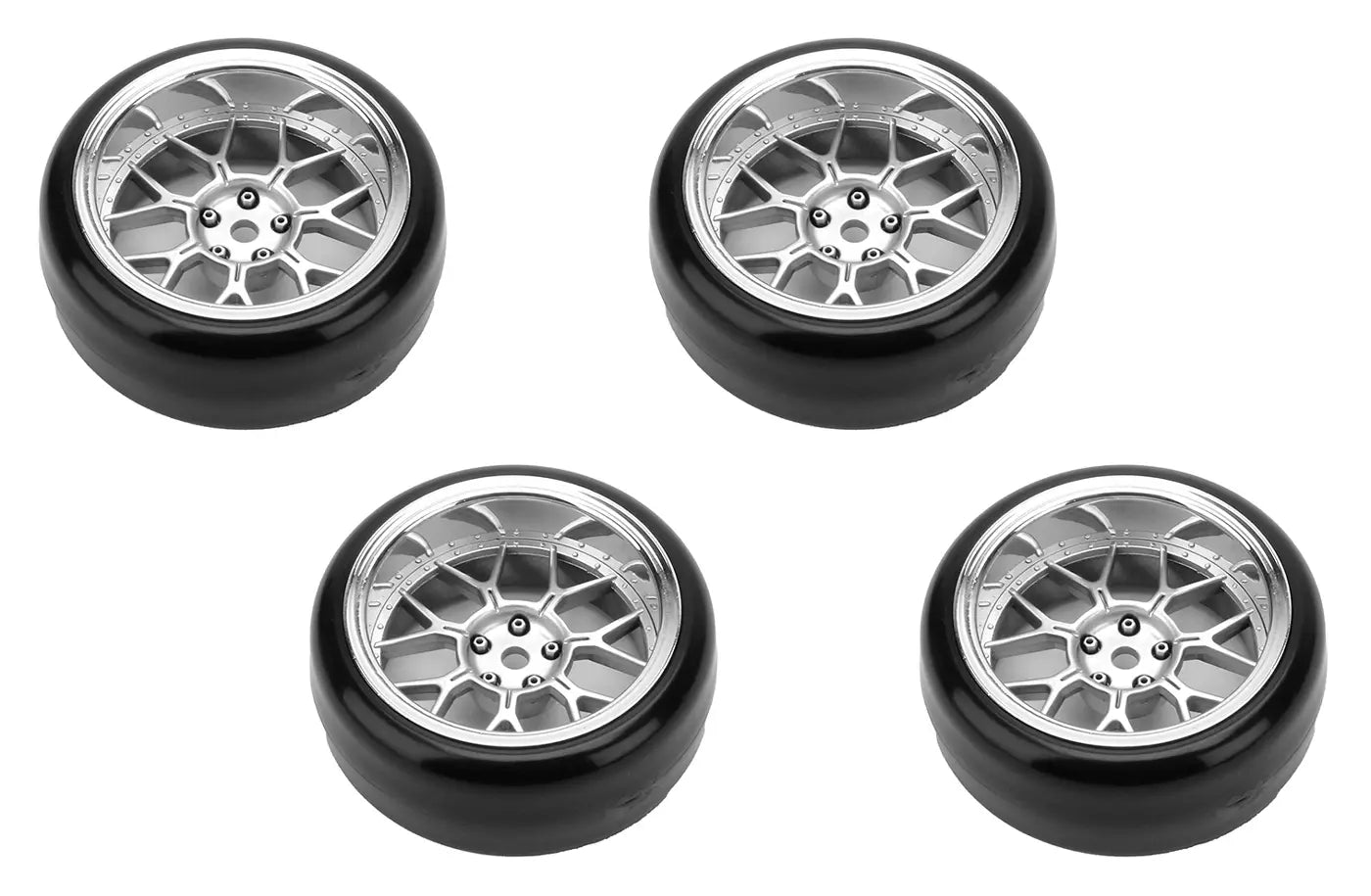 4 roues de Drift / 14 rayons argent mat (déport 2, 4, 6, 8 mm) hexa 12 mm - Breizh Modélisme.