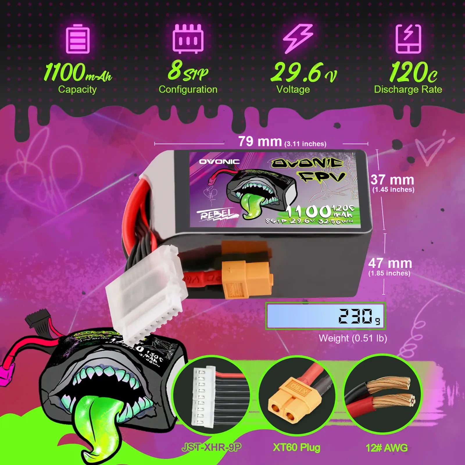 Lot de 2 batteries Lipo Ovonic Rebel 2.0 120C 8S 1100mAh 29,6V XT60 - Breizh Modélisme.