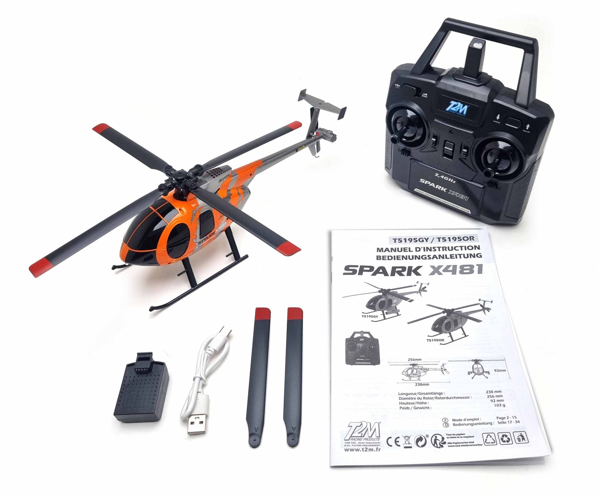 Hélicoptère RC Mono rotor T2M T5195OR Spark X481 orange - Breizh Modélisme.