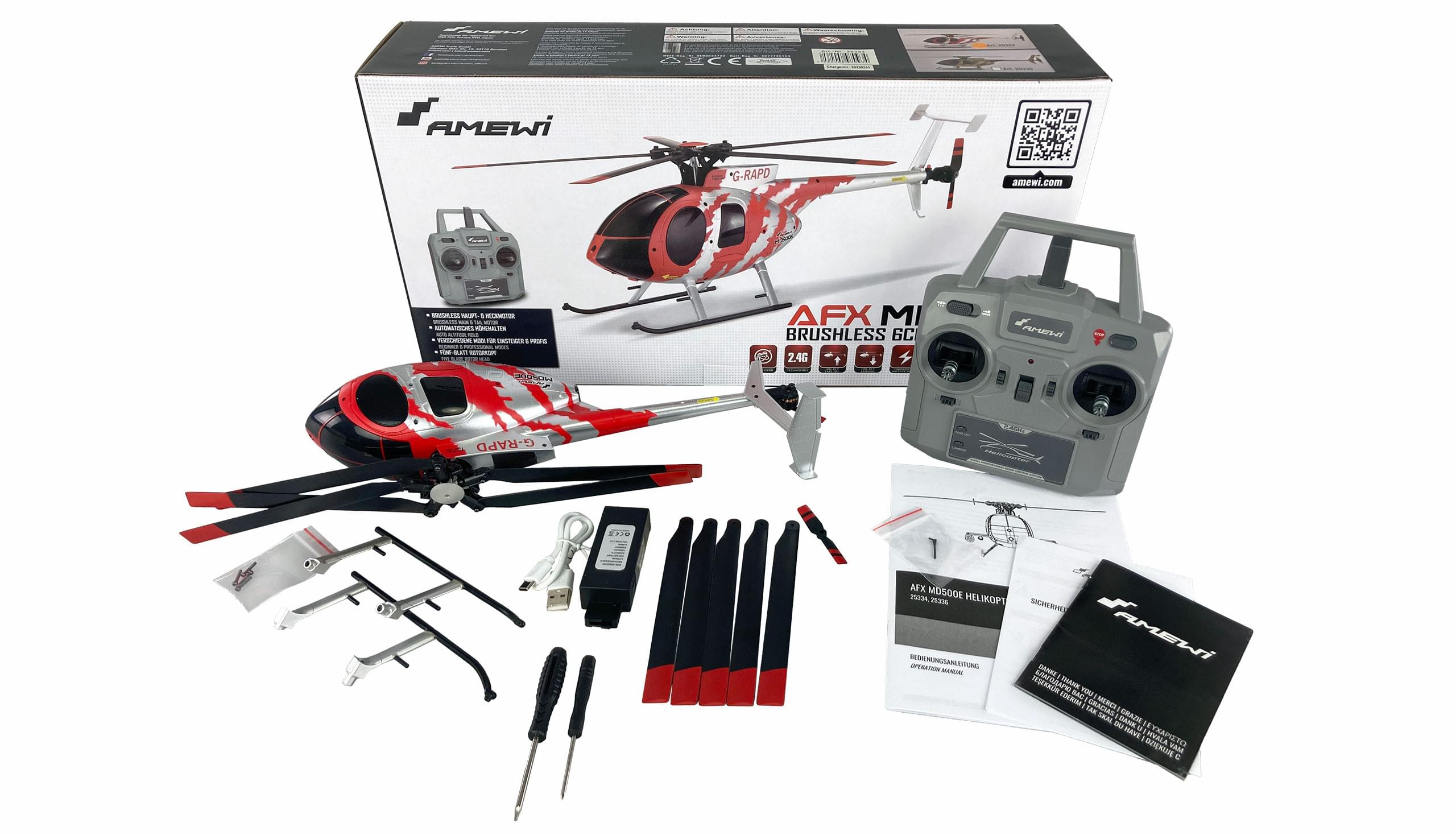 Hélicoptère RC AFX MD500E Brushless 325mm 6 voies rouge - Breizh Modélisme.