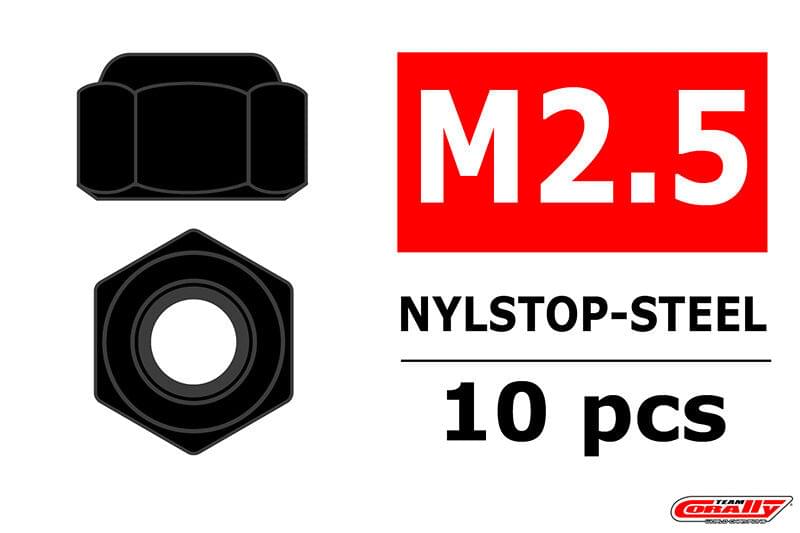 Écrou Nylstop en acier M2.5 noir (10 pcs) - C-3101-25-6 - Breizh Modélisme.