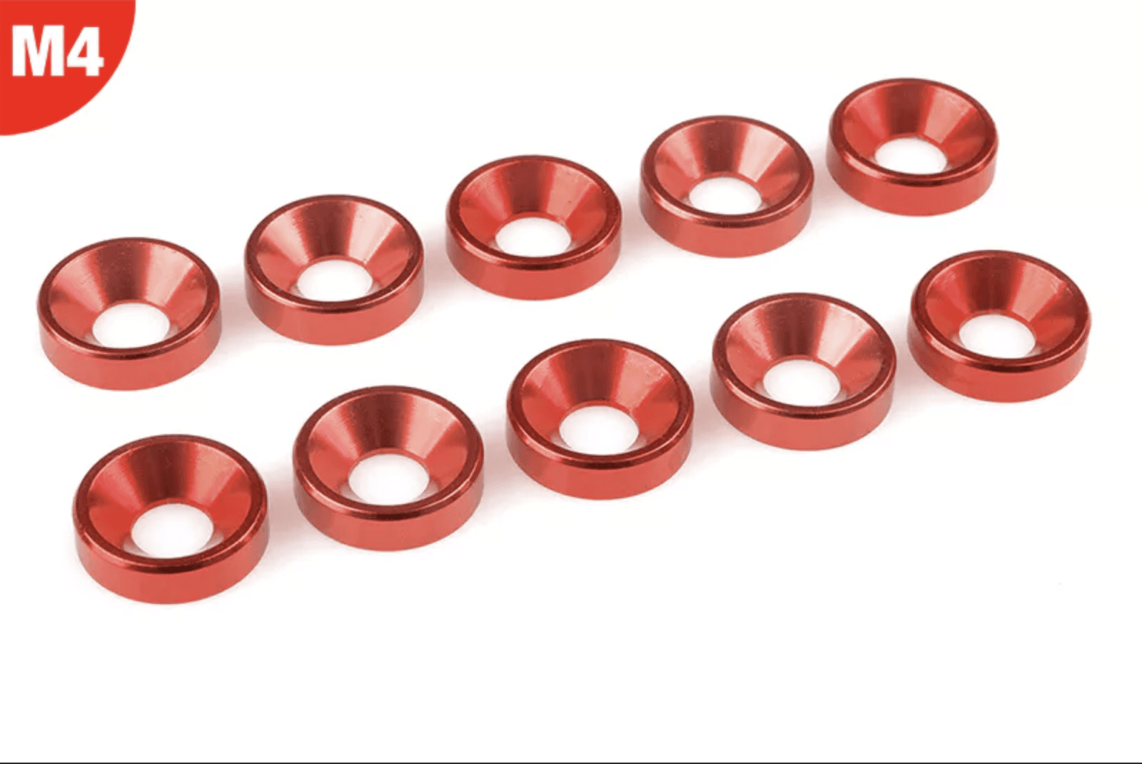 Rondelle en aluminium pour vis à tête plate M4 rouge (10 pcs) - C-3213-40-5 - Breizh Modélisme.