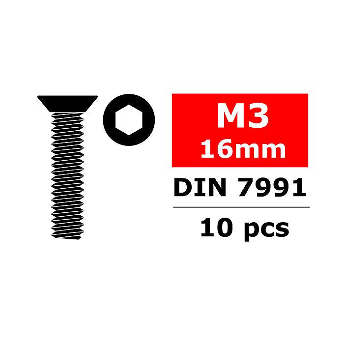 Vis en acier M3 x 16 mm tête plate hexagonale (10 pcs) - C-3002-30-16 - Breizh Modélisme.
