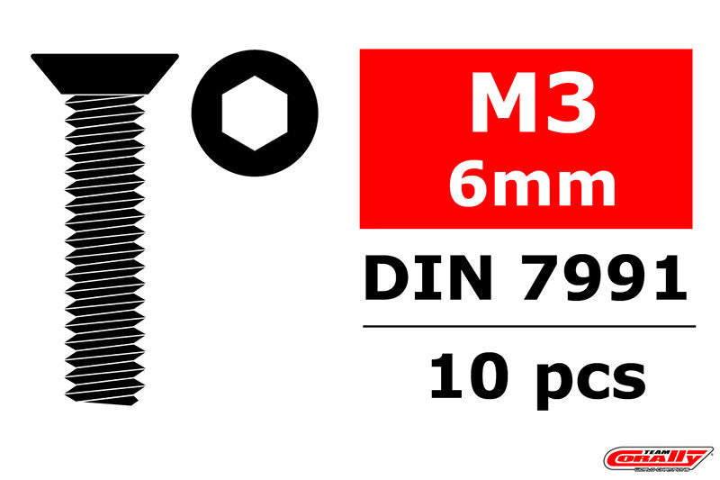 Vis en acier M3 x 6 mm tête plate hexagonale (10 pcs) - C-3002-30-06 - Breizh Modélisme.