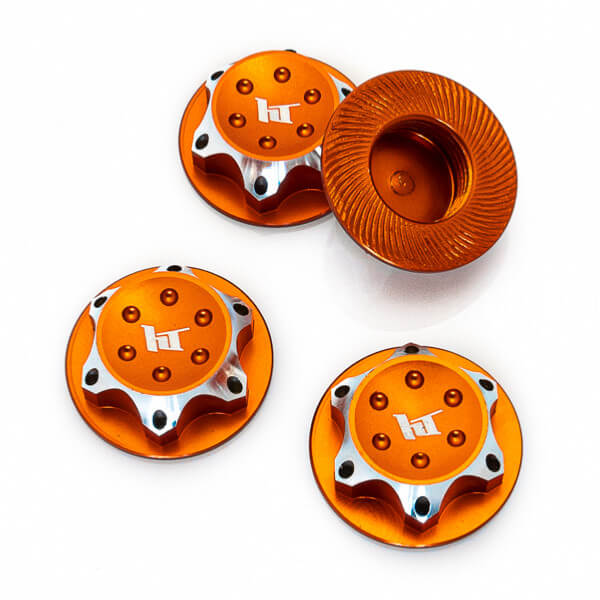 4 Écrous de roues borgnes en aluminium 17mm Orange - HTR-1910002 - Breizh Modélisme.