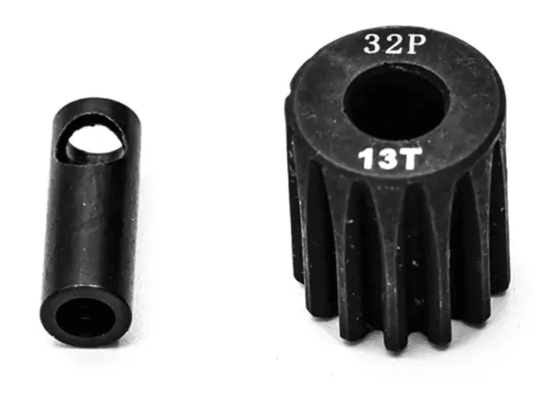 Pignon moteur 32dp ø5mm + adaptateur 3,17mm 13 dents en acier - KN-183213 - Breizh Modélisme.