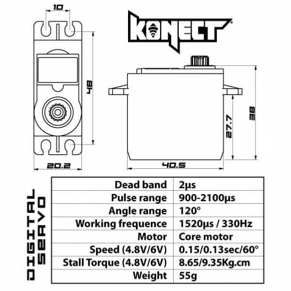 Servo direction Konect 0913LVMG Digital 9kg pignons métal pour Voitures 1/10 - Breizh Modélisme.