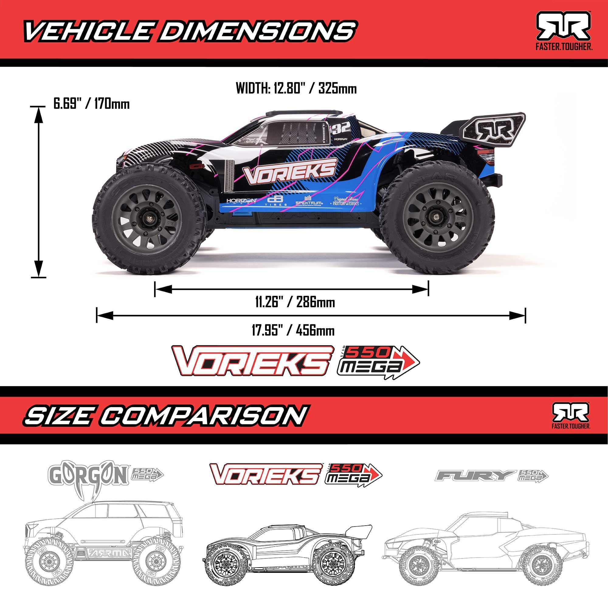 Arrma Vorteks Mega 550 2WD RTR stadium truck 1/10 bleu/rose - ARA3205T1 - Breizh Modélisme.