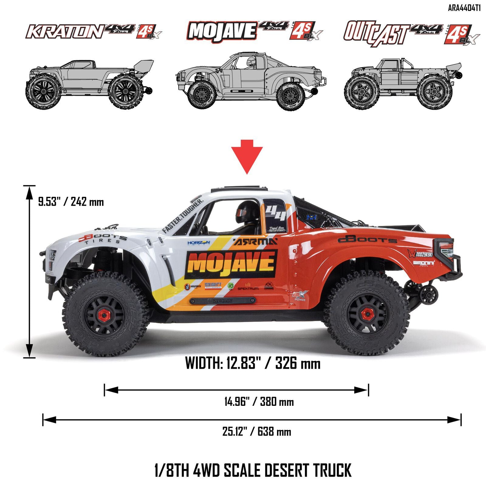 Arrma 1/8 Mojave 4S 4x4 BLX Desert Truck RTR, White - ARA4404T1 - Breizh Modélisme.