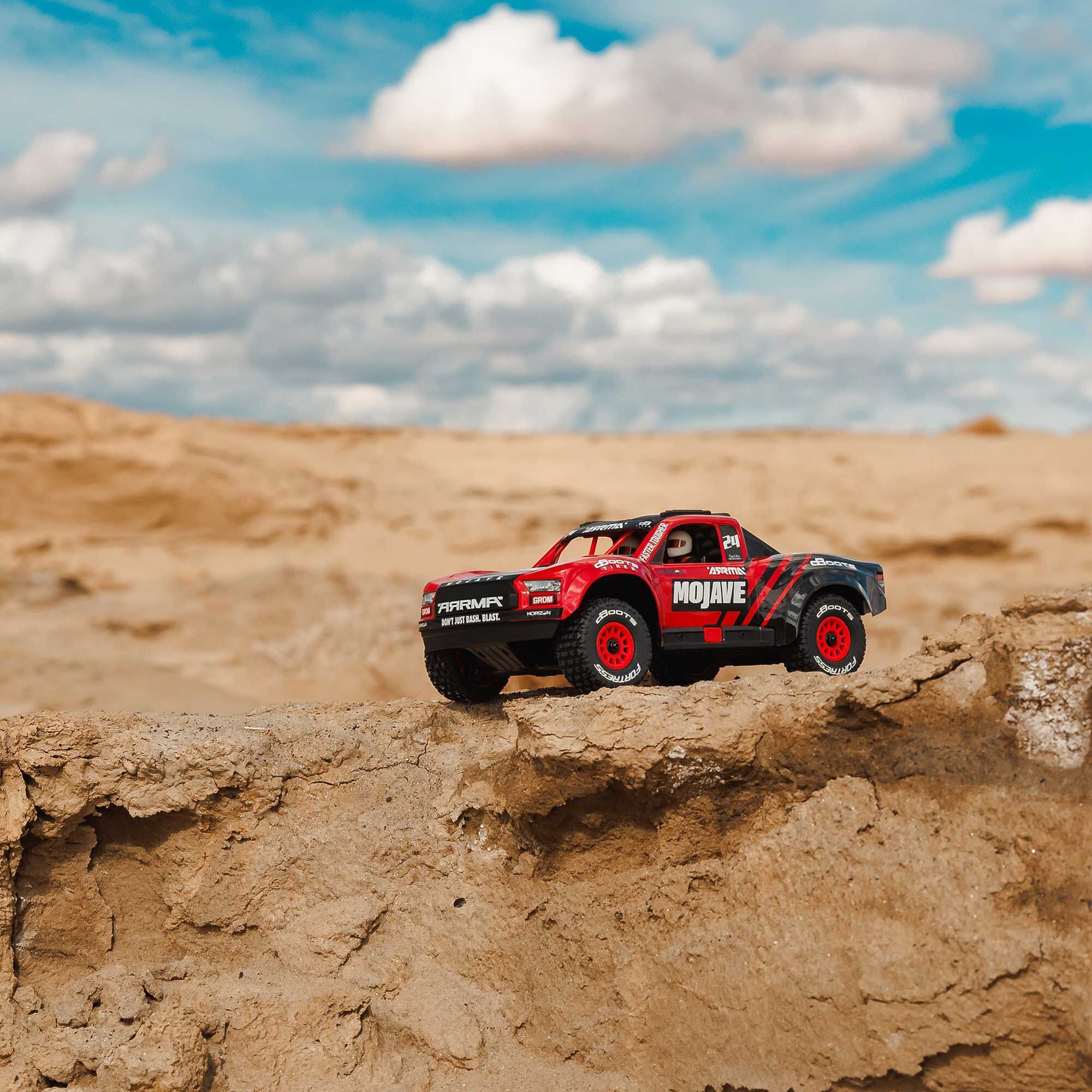 Arrma Mojave Grom Mega 1/16 380 4X4 Small Scale Desert Truck RTR rouge/noir - Breizh Modélisme.