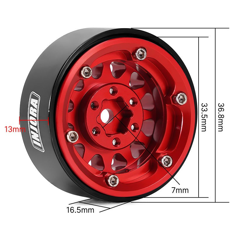 4 jantes Beadlock en aluminium rouge INJORA 1,3 pour crawler RC 1/24, 1/18 - YQW-1311RD" - Breizh Modélisme.