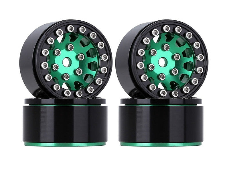 Injora 4 jantes 1.0 Beadlock Alu pour crawlers 1/18 1/24 (W1049) - Vert/noir - Breizh Modélisme.