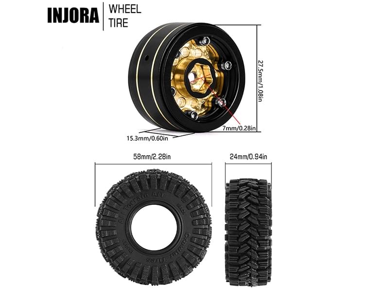 Injora 4 jantes avec pneus 1.0 Beadlock pour crawlers RC 1/24 1/18 - Breizh Modélisme.