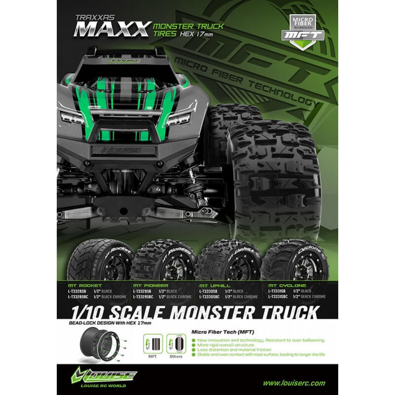 2 Pneus et jantes Louise MT-PIONEER Traxxas Maxx Soft Black (MFT) 3329SB - Breizh Modélisme.