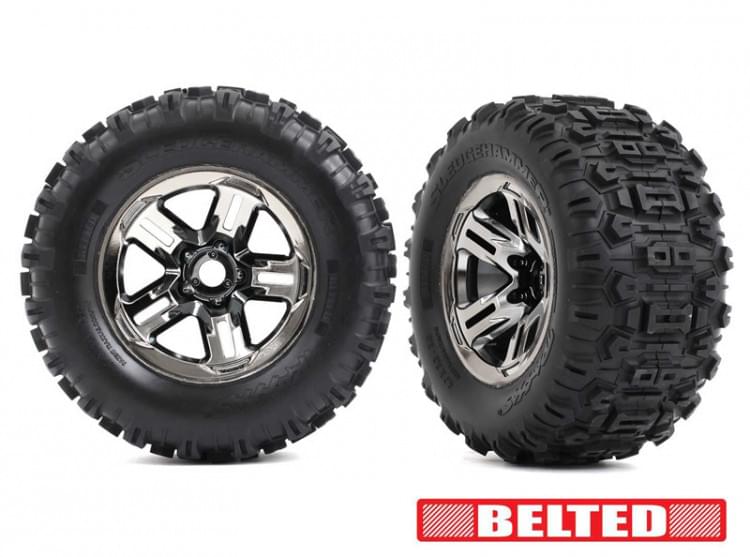 2 Pneus gainés et jantes sledgehammer Belted 3.8'' Chrome Traxxas 9573A - Breizh Modélisme.