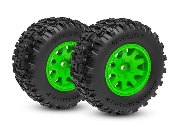 2 roues montés collées Sledgehammer/Mini Maxx vert arrière - Traxxas 10771-GRN - Breizh Modélisme.