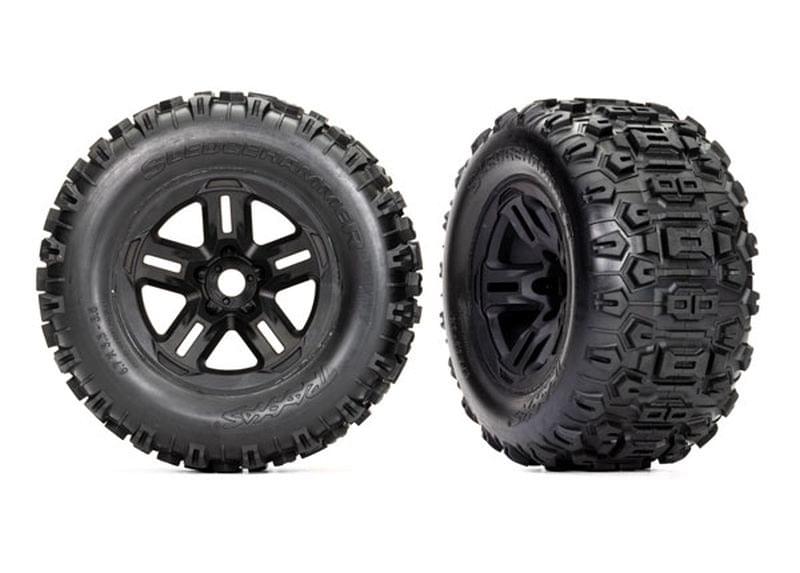 Roues montees collees noires 3,8 - (x2) Traxxas sledge 9672 - Breizh Modélisme.