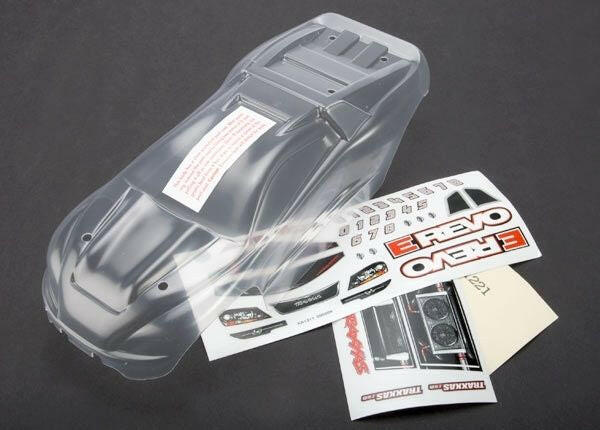 Traxxas 7111 Carrosserie Transparente E-REVO 1/16 avec stickers - Breizh Modélisme.