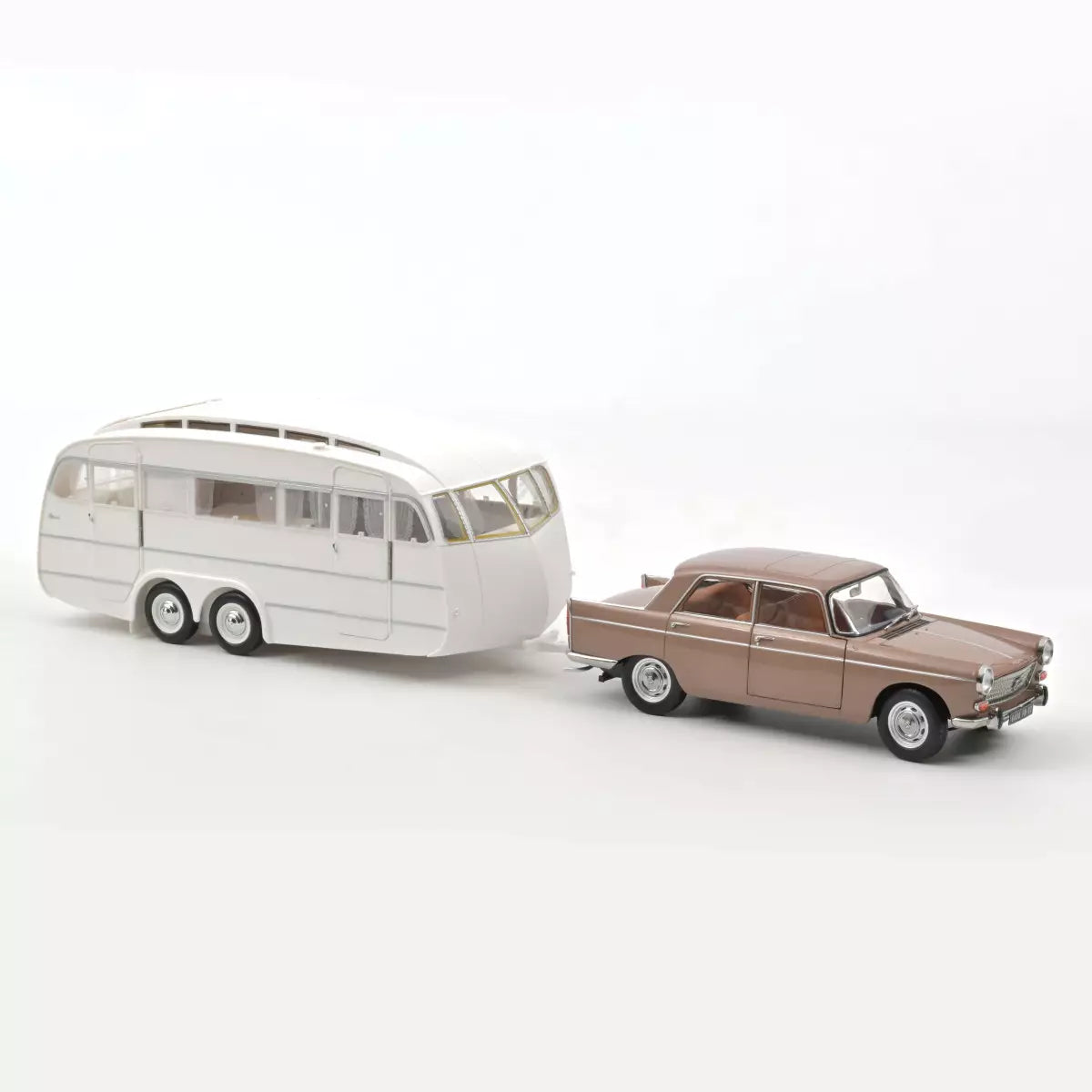 Voiture miniature collection 1/18 Peugeot 404 1965 Marron métallisé avec Caravane Hénon Norev 184837