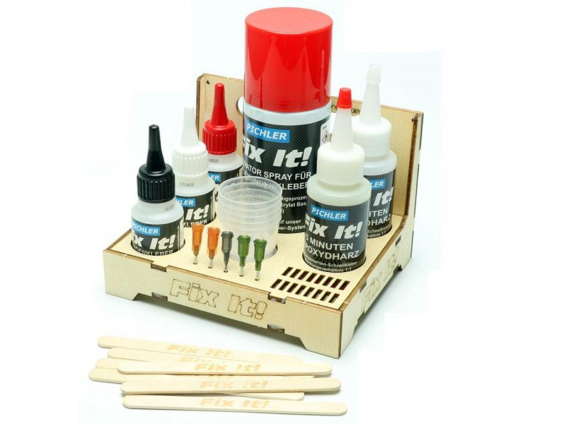 Fix it! Assortiment de colles glue avec présentoir (43 pièces) - Breizh Modélisme.