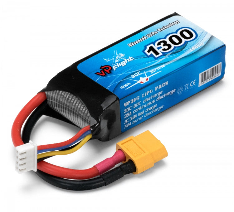 Batterie LiPo 3S 11,1V 1300mAh 30C Connecteur XT60 (75x34x22mm) - VPLP014FXT - Breizh Modélisme.