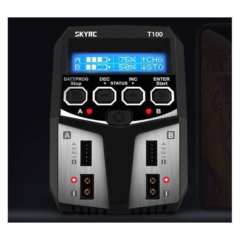 Chargeur Duo SkyRC T100 LiPo 2-4s 5A 2x50W - 100162 - Breizh Modélisme.